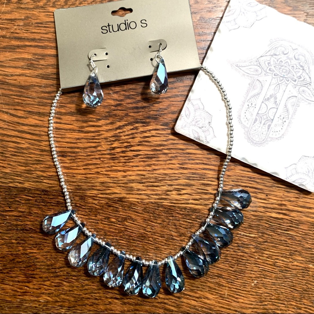 Studio S Silver & Blue Facet Crystal Necklace & Earrings Set NWt